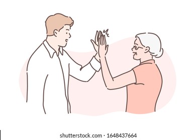 Old and young age, congratulation concept. Old grandmother congratulates her grandson businessman. Illustration of family friendship. Old and young age team communication in cartoon style.