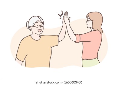 Old and young age, congratulation concept. Old grandmother congratulates her grandson. Illustration of family friendship. Old and young age team communication in cartoon style. Simple flat vector