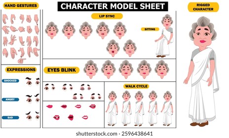 Old, young beautiful indian woman in saree, spritesheet of woman character, including eyes blink, lip sync and hand poses and face expressions