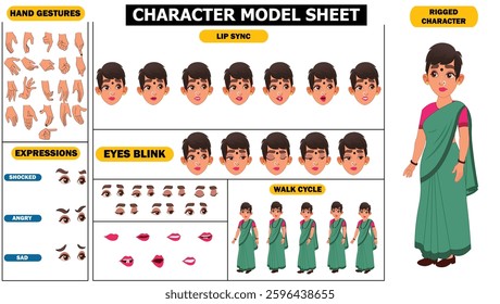 Old, young beautiful indian woman in saree, spritesheet of woman character, including eyes blink, lip sync and hand poses and face expressions