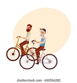 Old and young man, father and son, grandfather and grandson, riding bicycle, cycling together, cartoon vector illustration with space for text. Old and young men, tourists riding bicycles