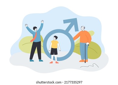 Old, Young Men And Boy Standing Near Masculine Sign. Generations Of Tiny Happy Male Characters Flat Vector Illustration. Masculinity, Growth Concept For Banner, Website Design Or Landing Web Page