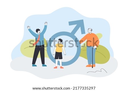 Old, young men and boy standing near masculine sign. Generations of tiny happy male characters flat vector illustration. Masculinity, growth concept for banner, website design or landing web page