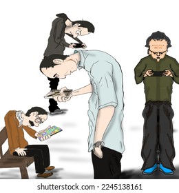 hombres jóvenes y viejos están ocupados con sus smartphones sin saber el tiempo, uso excesivo de aparatos