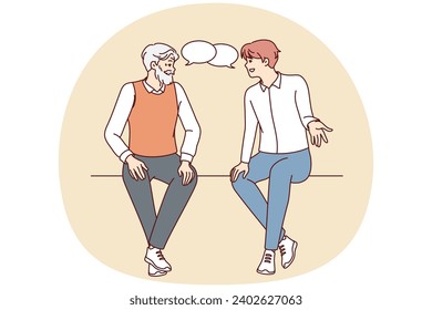 Old and young men sitting together talking. Older and younger male generation with speech bubbles engaged in conversation. Vector illustration.