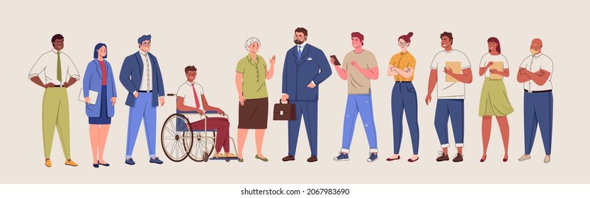 Old and young men and women, disabled people in a wheelchair standing together. Social inclusion, diversity and equality concept. 
