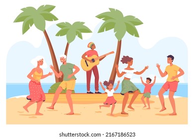 Old And Young People Dancing On Beach To Man Playing Guitar. Elderly Couple And Family At Reggae Party Flat Vector Illustration. Music, Entertainment, Jamaica, Summer, Vacation Concept For Banner