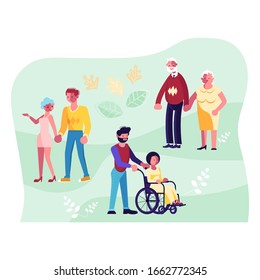 Old and Young People walking in a park or garden. Man and woman strollers have relax. Flat Art Vector Illustration