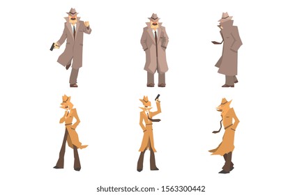 Old And Young Secret Agents And Private Detectives In Different Actions Vector Illustration Set Isolated On White Background