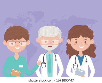 old and young team medical staff professional practitioner cartoon character vector illustration