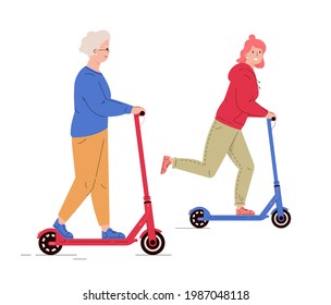 Old and young woman riding electric walk scooters. Mother and daughter driving e-scooters together. Alternative modern eco urban transport. Flat vector illustration isolated on white background 