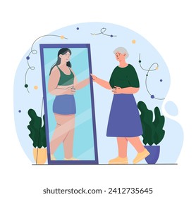 Old and youth in mirror. Elderly woman look at her young reflection. Dream and imagination fantasy. Senior with memories about past. Cartoon flat vector illustration isolated on white background