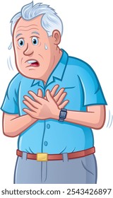 Older adult man grasping his chest with his hands as he appears to be experiencing heart pains or a heart attack.