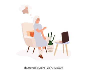 Older adults from different countries talk on online video conference call. Senior couple. Old woman and man talking through internet. Elderly wife and husband at remote date. Vector illustration