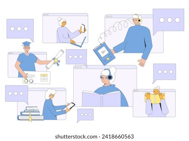 Older adults learning online. Elderly men and women education. Retirement students and graduates community Vector flat illustration.