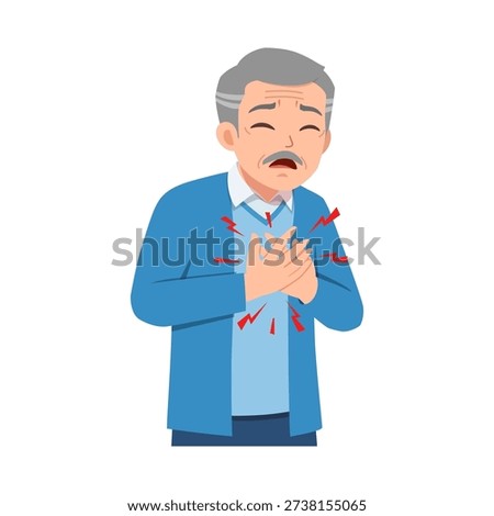 An older Asian man experiencing severe chest pain holding his heart in discomfort and suffering