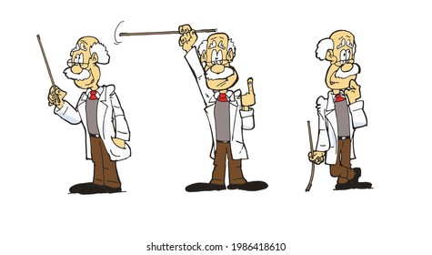 Older bald and grey professor with a pointing stick in 3 poses telling something illustration. 