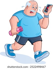 Older big guy sweating while walking for exercise and monitoring his health on his cell phone and carrying a bottle of water.