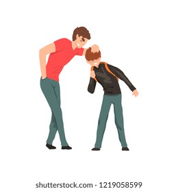 Older boy mocking younger, conflict between children, mockery and bullying at school vector Illustration on a white background