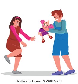 El hermano mayor rompe el juguete de la hermana pequeña. Pelea entre hermanos, el chico necesita educación. Muñeca rota. Ilustración vectorial