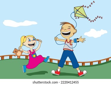 older brother playing kites with his younger sister holding teddy bear and candy
