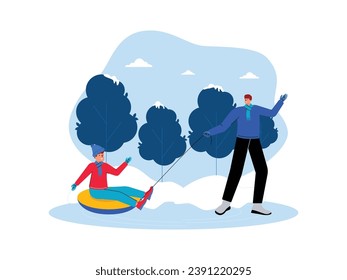 Older brother and younger brother playing together outside the house, sibling bonding in winter, vector illustration.