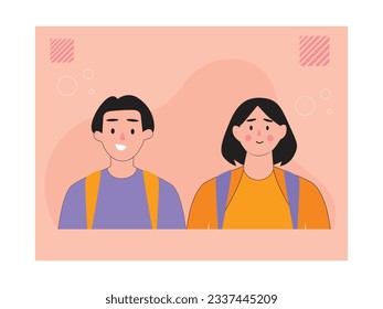 Older brother and younger sister students go to campus together with bags, study at university. Character design. Vector flat illustration