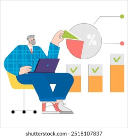 Older Businessman concept. Mature executive reviews data charts on laptop, analyzing company performance. Business decision-making and strategy. Vector illustration.