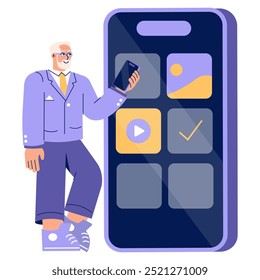 Conceito de empresário mais antigo. Um executivo maduro se engajando com a tecnologia moderna em um grande smartphone. Adaptação digital no mundo corporativo. Ilustração vetorial.