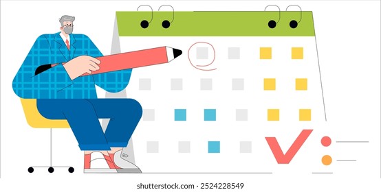 Conceito de empresário mais antigo. Agenda de planejamento executivo maduro com lápis gigante. Gerenciamento de tempo, pensamento estratégico e temas de definição de prazos. Ilustração vetorial.