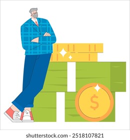 Older Businessman concept. Seasoned executive with monetary symbols, representing financial stability and wealth. Vector illustration.