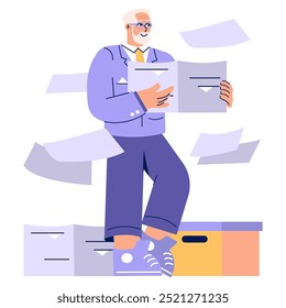 Conceito de empresário mais antigo. Multitarefa executiva experiente com papelada, demonstrando eficiência e dedicação. Gerenciamento da vida corporativa e da carga de trabalho. Ilustração vetorial.