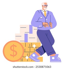 Conceito de empresário mais antigo. Executivo experiente com sucesso financeiro. Experiência, liderança em finanças e acumulação de riqueza. Ilustração vetorial.