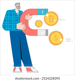 Conceito de empresário mais antigo. Um executivo sênior com um ímã atraindo criptomoeda e dinheiro, simbolizando acumulação de riqueza. Ilustração vetorial.