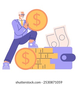 Older Businessman concept. A senior executive with financial symbols representing wealth and success. Retirement savings and investment strategy. Vector illustration.