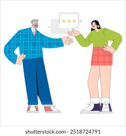 Older businessman engaging in a friendly conversation with a younger woman, sharing ideas and experiences. Vector illustration.