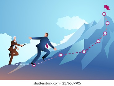 Older businessman passing the baton to younger businessman to continue running up the mountain, regeneration, teamwork, vector illustration