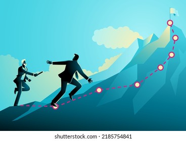 Older Businessman Passing The Baton To Younger Businessman To Continue Running Up The Mountain, Regeneration, Teamwork, Vector Illustration