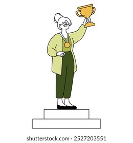 Conceito de conquista de empresárias mais antigas. Um executivo sênior orgulhoso celebra em um pódio com um troféu. Êxito na carreira e tema de reconhecimento. Ilustração vetorial.