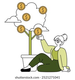Older Businesswoman concept. Confident senior female entrepreneur enjoying the fruits of her labor with a money tree. Financial success and retirement planning. Vector illustration.