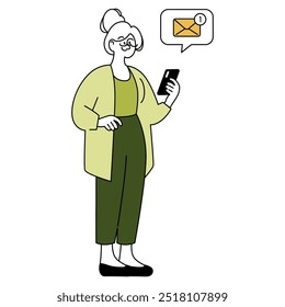 Conceito de empresária mais antiga. Uma mulher profissional madura verifica um e-mail em seu smartphone, experimentando conectividade. Ilustração da comunicação moderna. Ilustração vetorial.