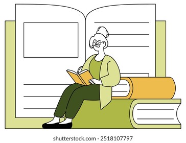 Older Businesswoman Reading concept. A seasoned professional enjoys a moment of learning with a book. Lifelong education and leisure concept. Vector illustration.