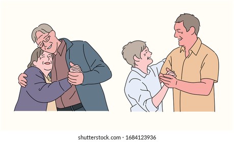 An older couple is dancing with a happy expression. hand drawn style vector design illustrations. 