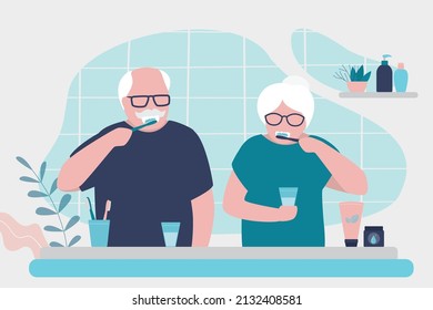 Older Couple Doing Morning Routine Together. Grandma And Grandpa Brushing Teeth In Bathroom. Caries Prevention. Elderly People Take Care Of Oral Hygiene. Restroom Interior Design. Vector Illustration