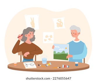 Older couple drawing. Elderly man and woman with painting. Hobbies and leisure of grandmother and grandfather. Creative elderly retired people painting together. Cartoon flat vector illustration