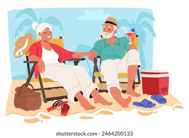 Una Pareja Mayor Disfruta De Un Día Relajante En Una Playa De Arena, Sentada En Tumbonas Con Bebidas Tropicales En La Mano, Personajes Que Muestran La Risa Y El Ocio En Sus Años Dorados. Ilustración vectorial de dibujos animados