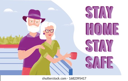 Older couple having coffee at their balcony enjoying fresh air. Stay home, stay safe banner. Prevention of corona virus.