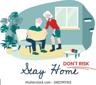 Older couple having good time at their cozy home husband in glasses reads newspaper to his wife. Don't risk, stay home.