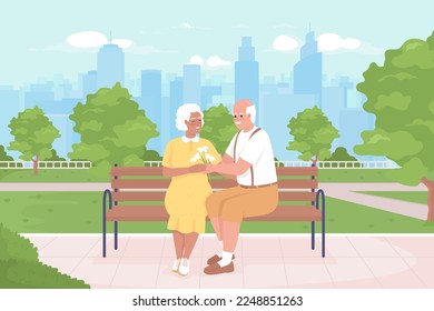 Older couple on romantic date flat color vector illustration. Senior man giving bouquet to elderly woman. Spending time together. Fully editable 2D simple cartoon characters with park on background