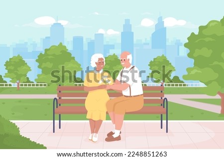 Older couple on romantic date flat color vector illustration. Senior man giving bouquet to elderly woman. Spending time together. Fully editable 2D simple cartoon characters with park on background